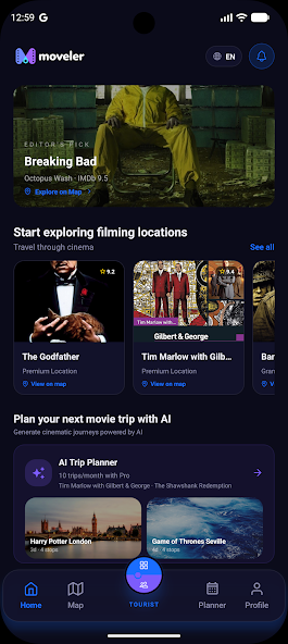 Moveler home screen showing filming locations and the AI trip planner