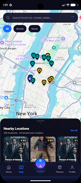 Moveler map showing filming location pins around New York