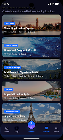 Moveler route planner showing recommended cinematic journeys