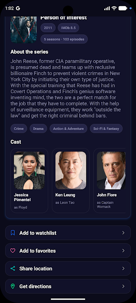 Moveler location screen with watchlist, favorites, sharing, and directions actions